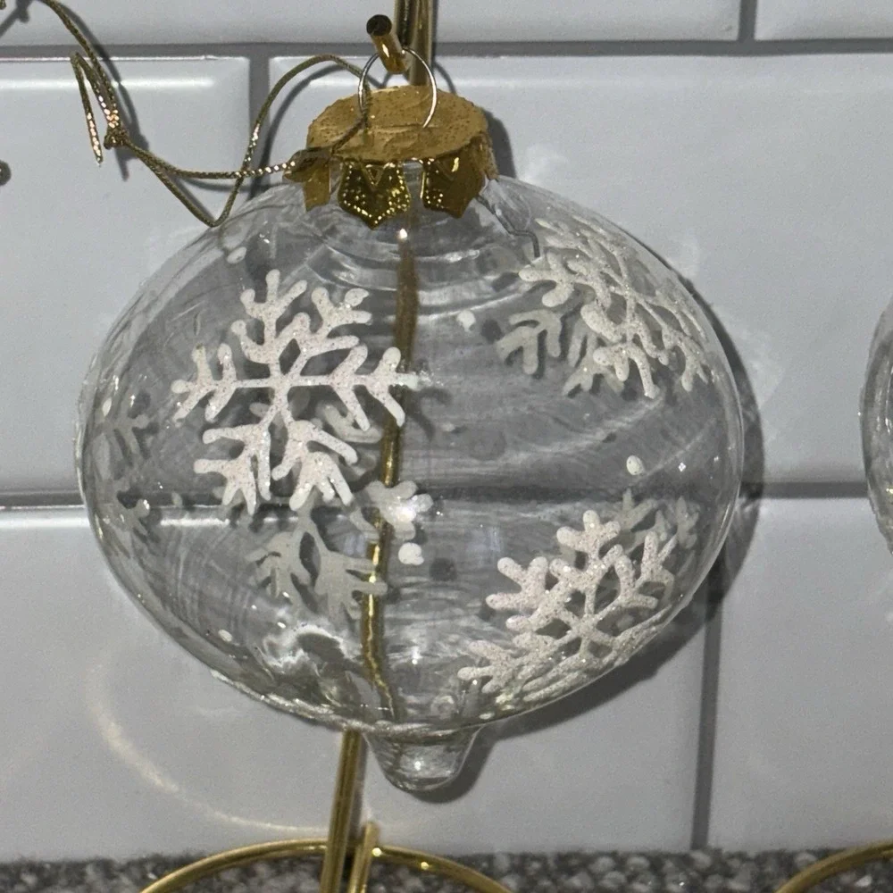 Clear Glass Christmas Ornaments With Glittery Snowflakes Gold Tops Various Shape